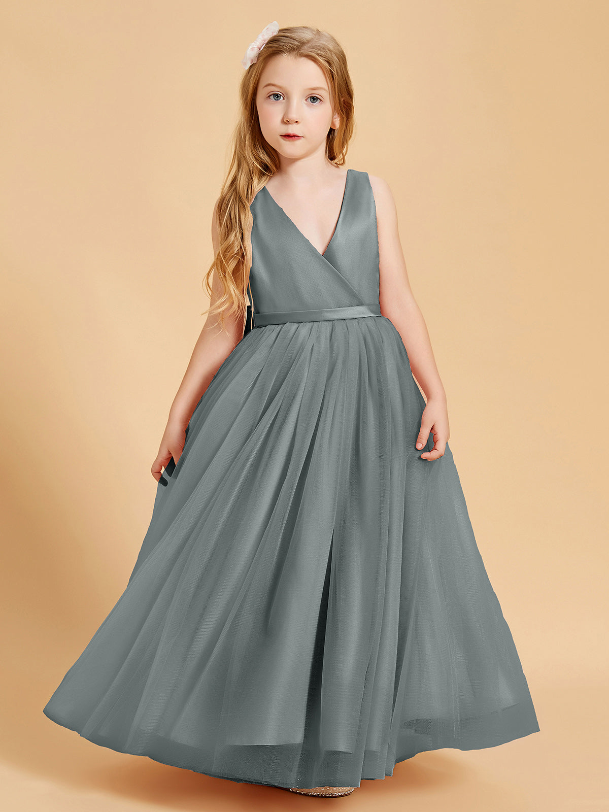 Tulle Junior Bridesmaid Dresses Satin Top Steel Grey